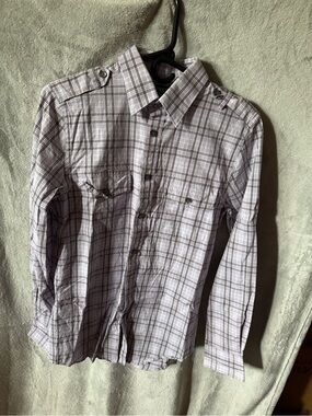 Express Men's Light Gray and White Plaid Button-Down Shirt